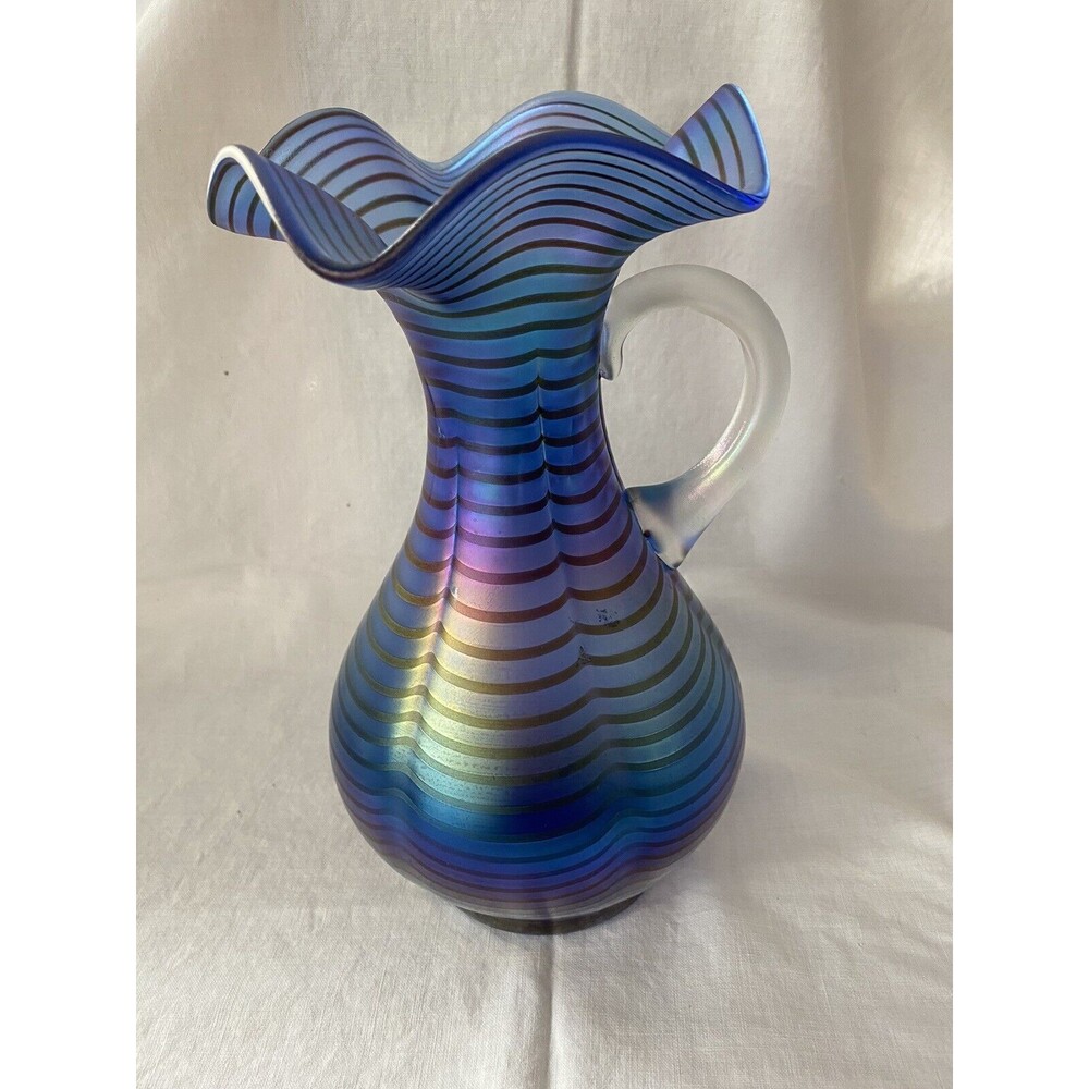 LOETZ KRALIK Art Glass 9 inch  Cobalt Blue Iridescent Pitcher Ruffled Edge